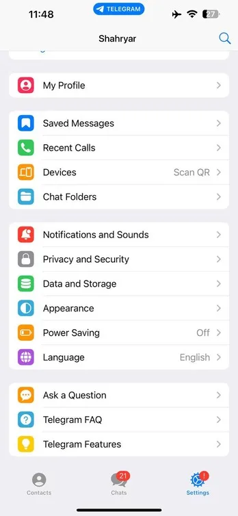 منوی privacy and security برای دیلیت اکانت تلگرام ایفون