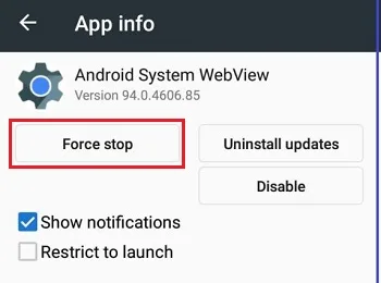 توقف اجباری اپلیکیشن Android System WebView