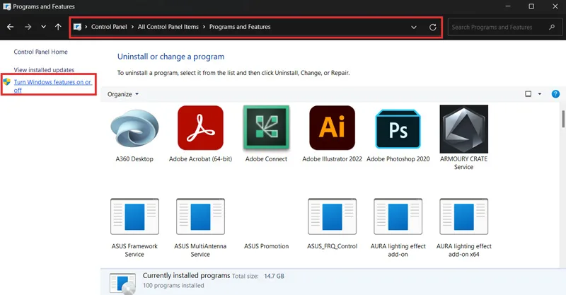 تنظیمات بخش Turn Windows features on or off