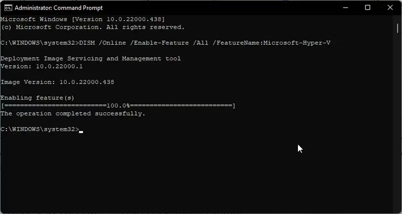 اضافه کردن Hyper-V با استفاده از Command Prompt