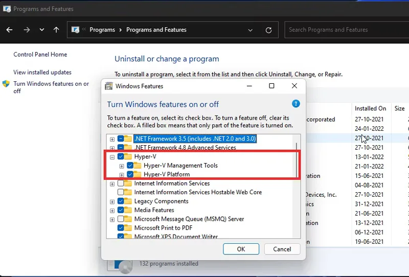 روشن کردن Hyper-V در ویندوز 11 از طریق Control Panel