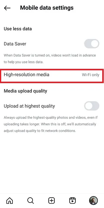 تنظیمات High-resolution media اینستاگرام