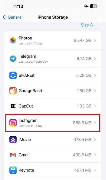 پاک کردن کش اینستاگرام آیفون مرحله سوم