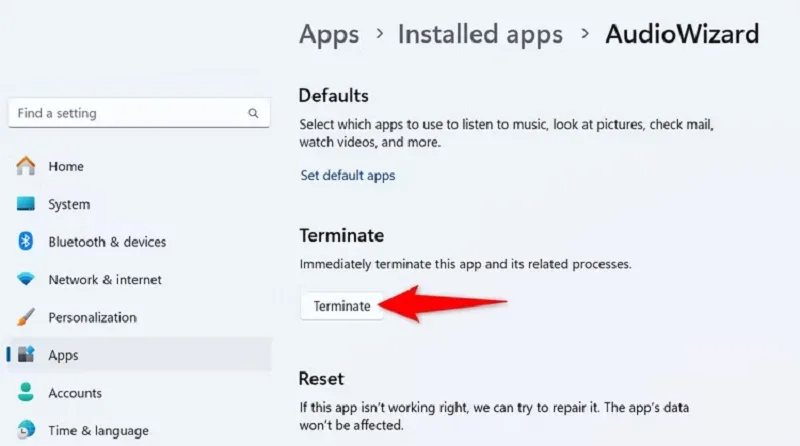 استفاده از گزینه Terminate بخش تنظیمات (Settings) ویندوز 11