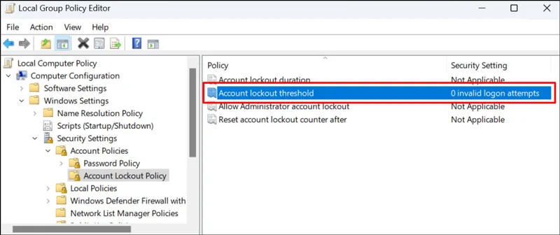 تنظیمات Account lockout threshold
