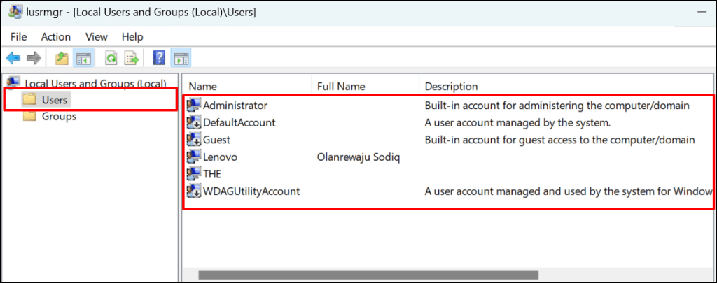 باز کردن قفل حساب با استفاده از ابزار Local Users and Group Management