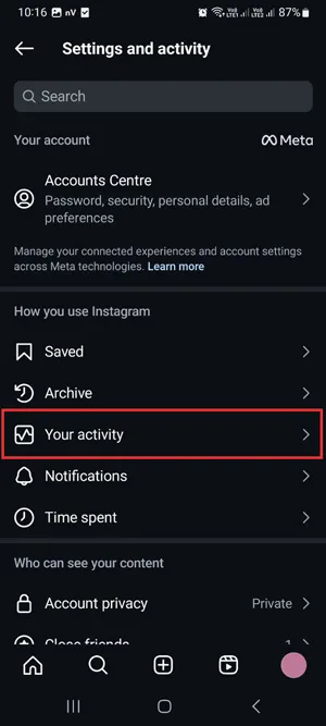 وارد شدن به بخش Your activity