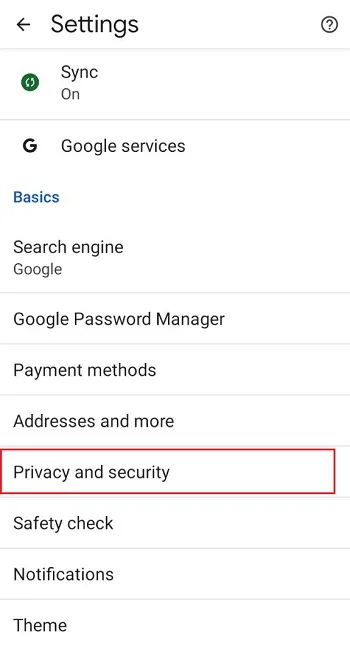 بخش privacy and security کروم
