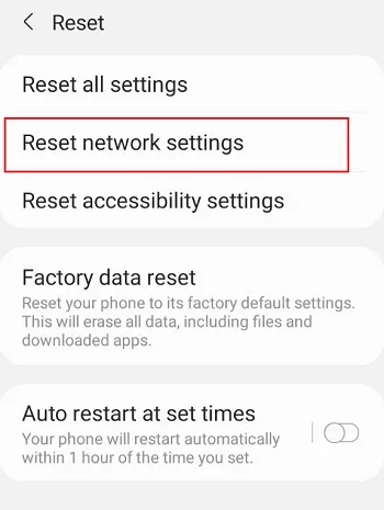 بخش Reset network settings سامسونگ