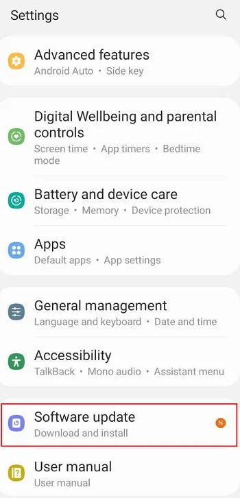 بخش software update در سامسونگ