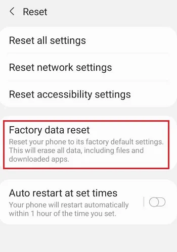 بخش factory data reset در سامسونگ