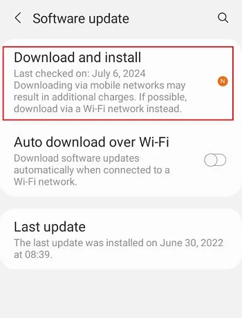 گزینه download and install در سامسونگ