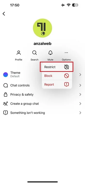 گزینه Restrict