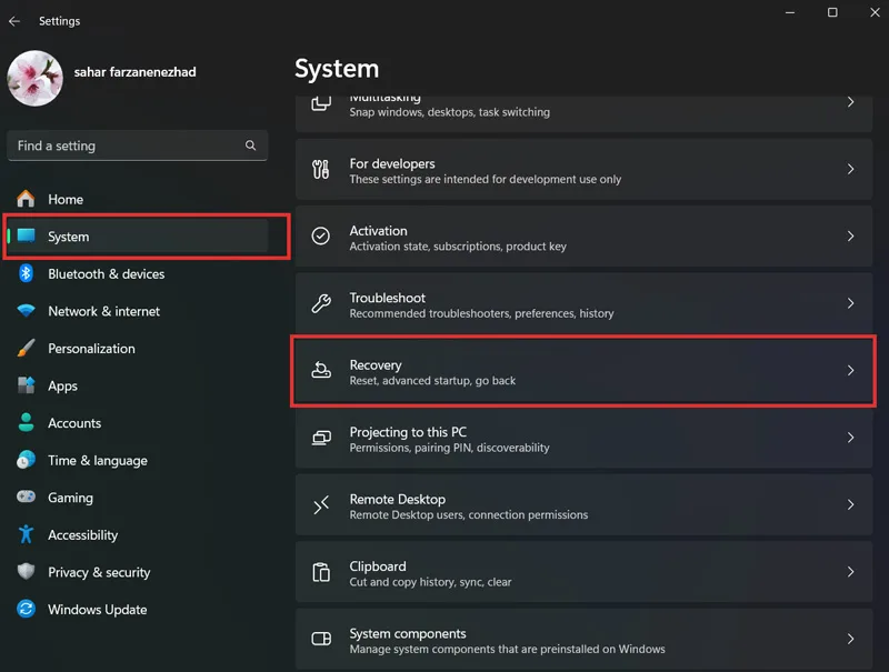 ورود به بخش System Recovery