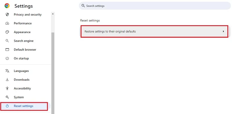 ریست کردن Google Chrome مرحله دوم