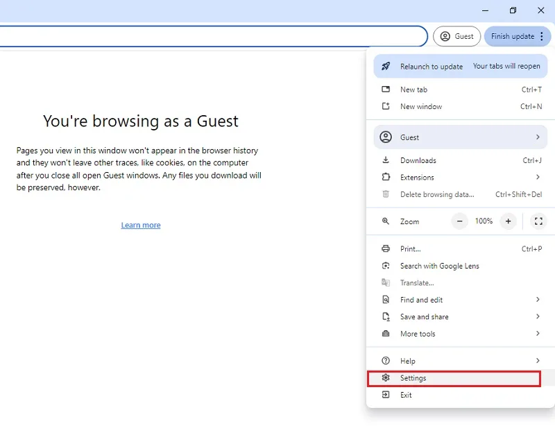 ریست کردن Google Chrome مرحله اول