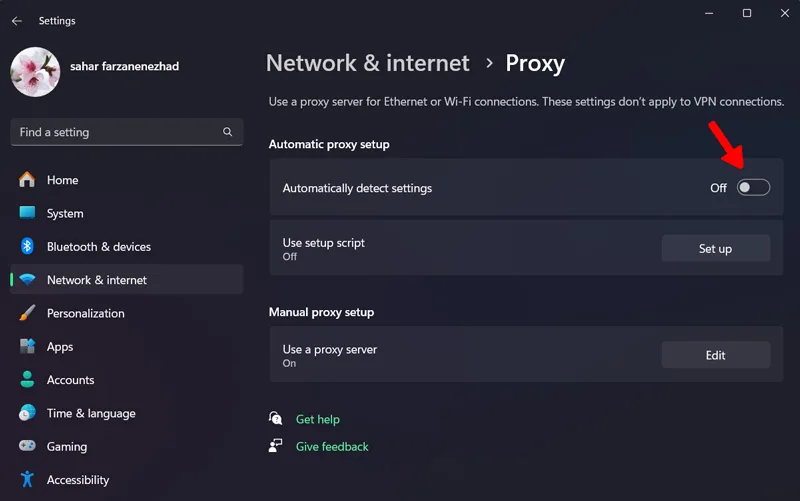 خاموش کردن پروکسی با گزینه Automatically Detect Settings