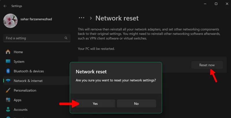 ریست کردن تنظیمات شبکه برای حل مشکل No Internet در ویندوز