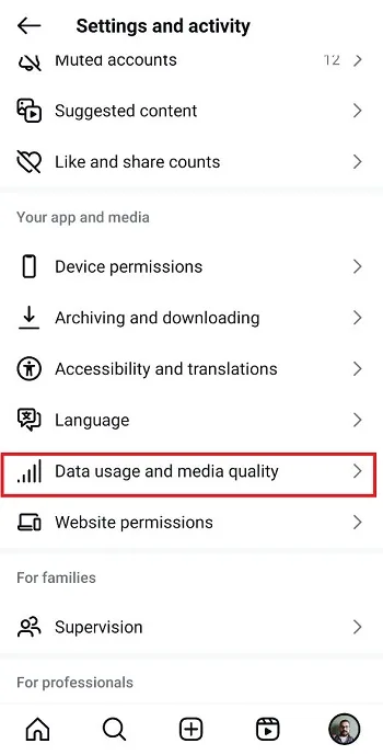 تنظیمات کاهش مصرف اینترنت اینستاگرام