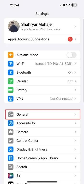 تنظیمات General آیفون