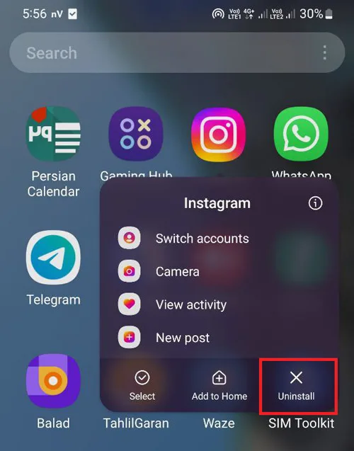 حذف و نصب دوباره برنامه اینستاگرام