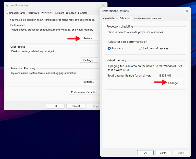 تنظیمات Virtual memory