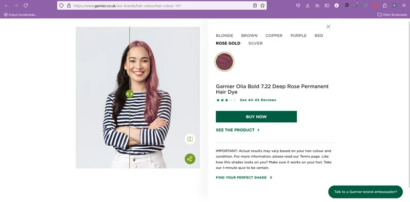 وبسایت تست آنلاین رنگ مو Garnier
