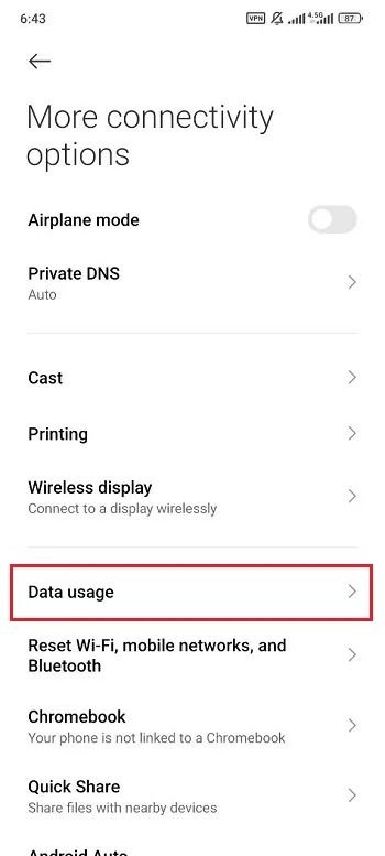 بخش Data Usage اندروید