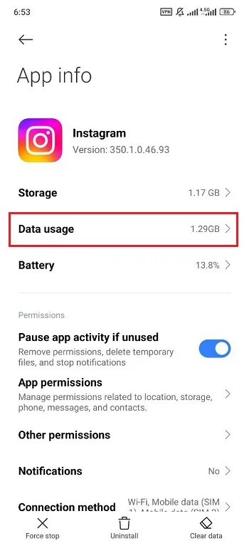 بخش Data usage اینستاگرام