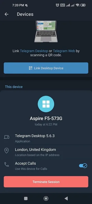 گزینه Terminate Session تلگرام