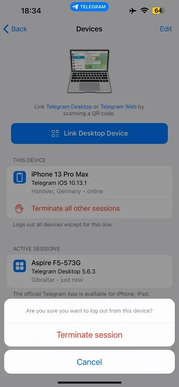 گزینه Terminate Session تلگرام آیفون