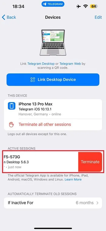 قابلیت Terminate Sessions در آیفون 2