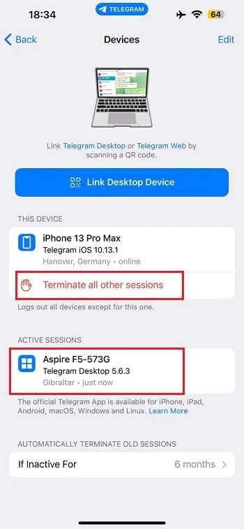 قابلیت Terminate Sessions در آیفون 1