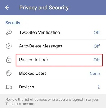 فعال کردن Passcode Lock برای جلوگیری از هک شدن تلگرام 1