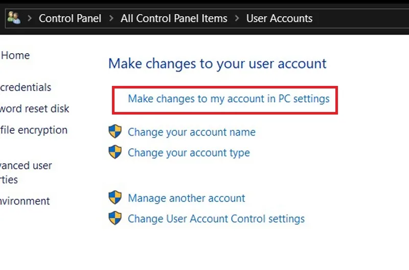 باز کردن Setting ویندوز از طریق User account