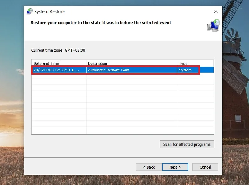 استفاده از تنظیمات System Restore برای حل مشکل Setting ویندوز 11
