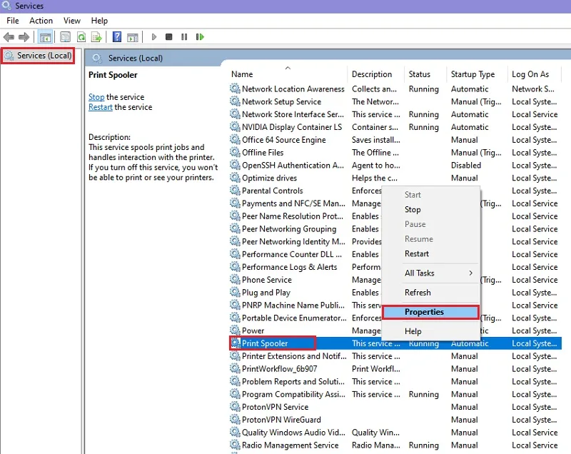 حل مشکل Error 0x0000011b با ریستارت کردن Print Spooler مرحله 2