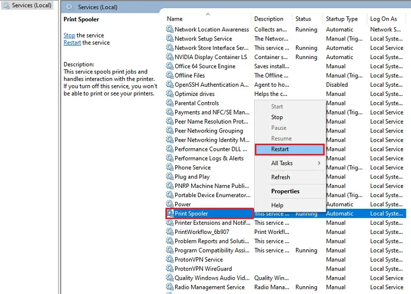 حل مشکل Error 0x0000011b با ریستارت کردن Print Spooler مرحله 4