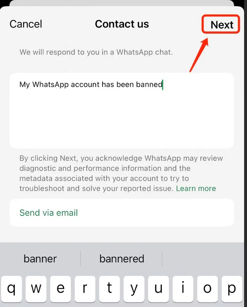 ثبت درخواست برای حل مشکل بن شدن از واتساپ در بخش ارتباط با ما