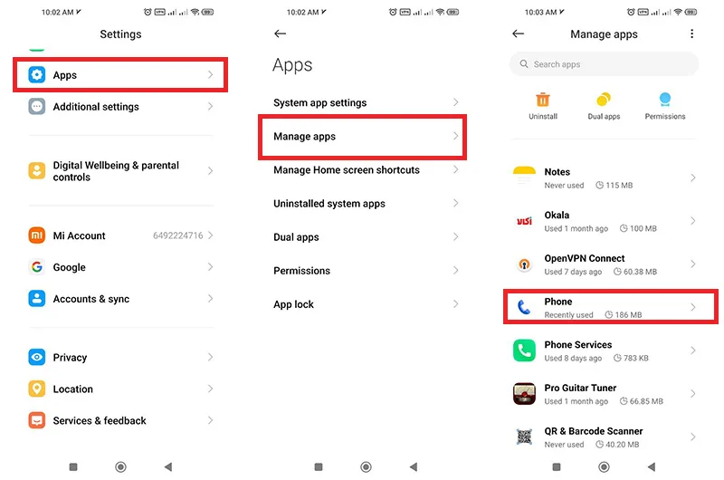حذف کش برنامه Phone در گوشی شیائومی