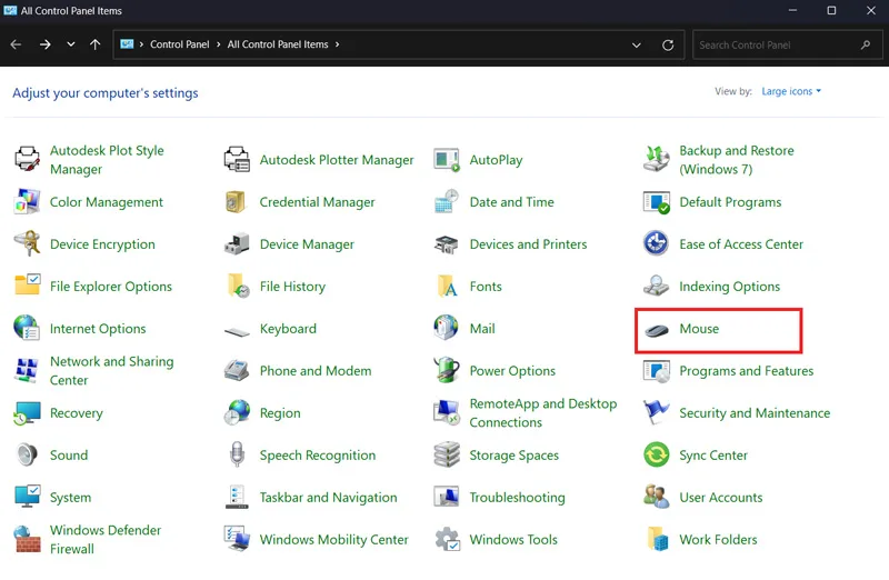 تغییر سرعت ماوس از طریق Control Panel