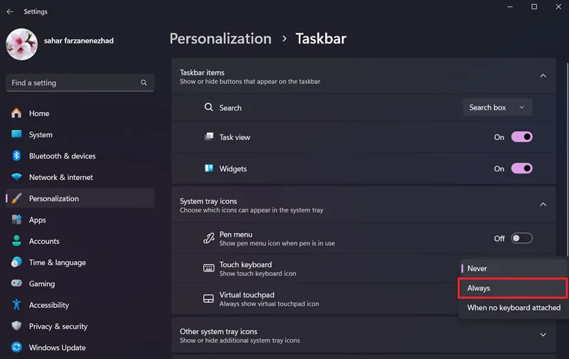 فعال کردن Touch Keyboard در ویندوز 11