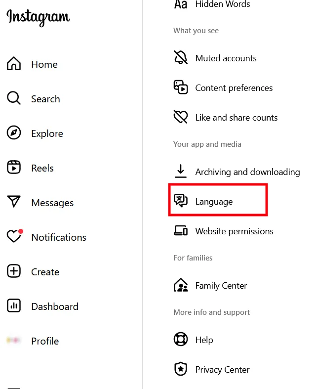 تنظیمات زبان اینستاگرام در دسکتاپ