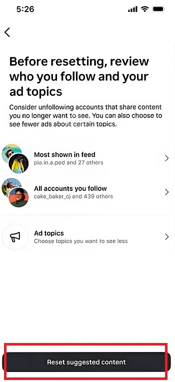 پاک کردن اکسپلور اینستاگرام با قابلیت جدید suggested content reset