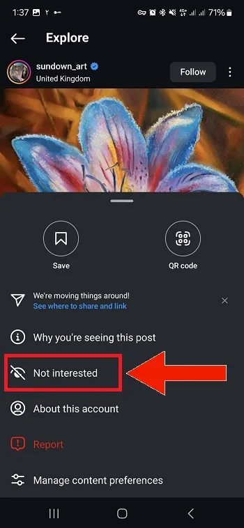 گزینه not interested در اینستاگرام