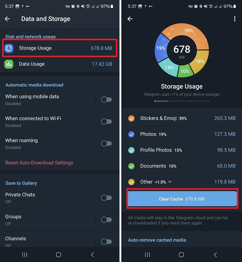 پاک کردن کش telegram