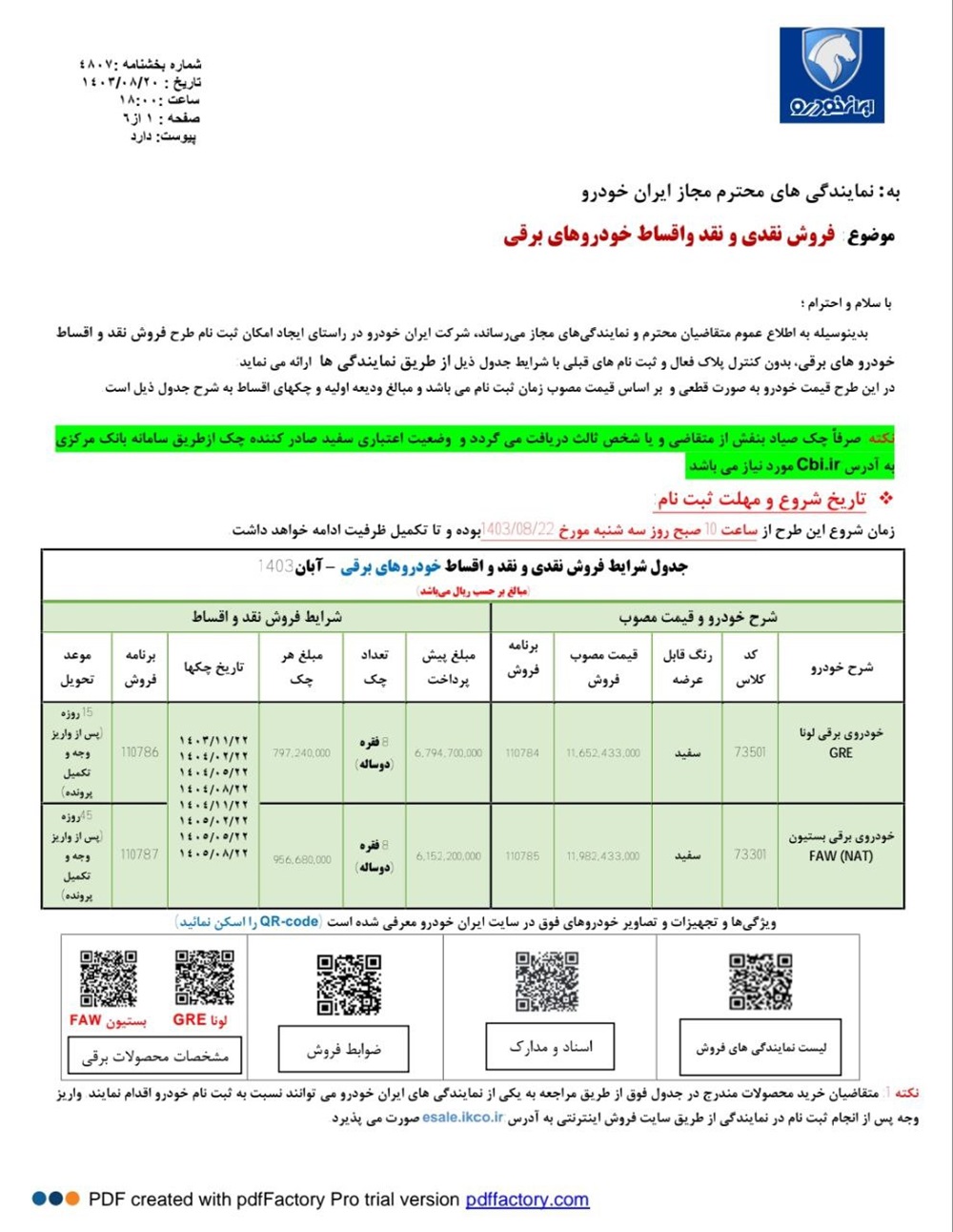 فروش نقد و اقساط خودروهای برقی ایران‌ خودرو از ۲۲ آبان ۱۴۰۳