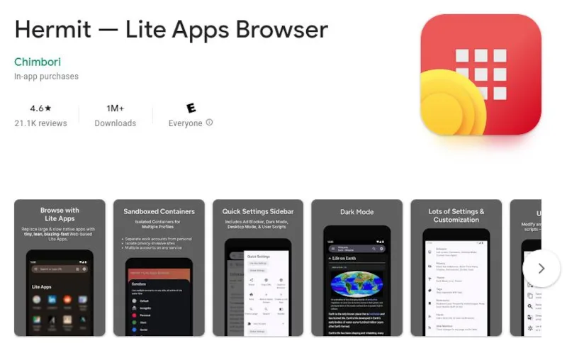 اپلیکیشن Hermit - Lite Apps Browser برای تبدیل سایت به اپ اندروید