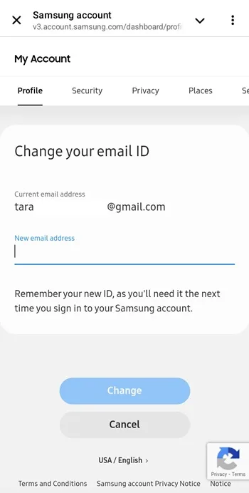 تغییر ایمیل سامسونگ اکانت