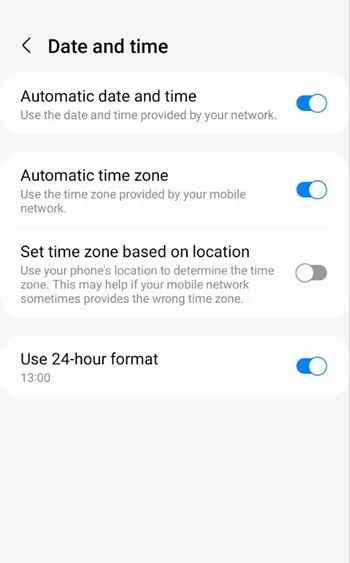 تنظیم تاریخ و ساعت دستگاه برای حل مشکل اکانت سامسونگ
